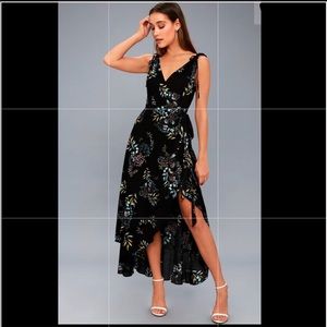 Black floral print wrap dress from Lulus